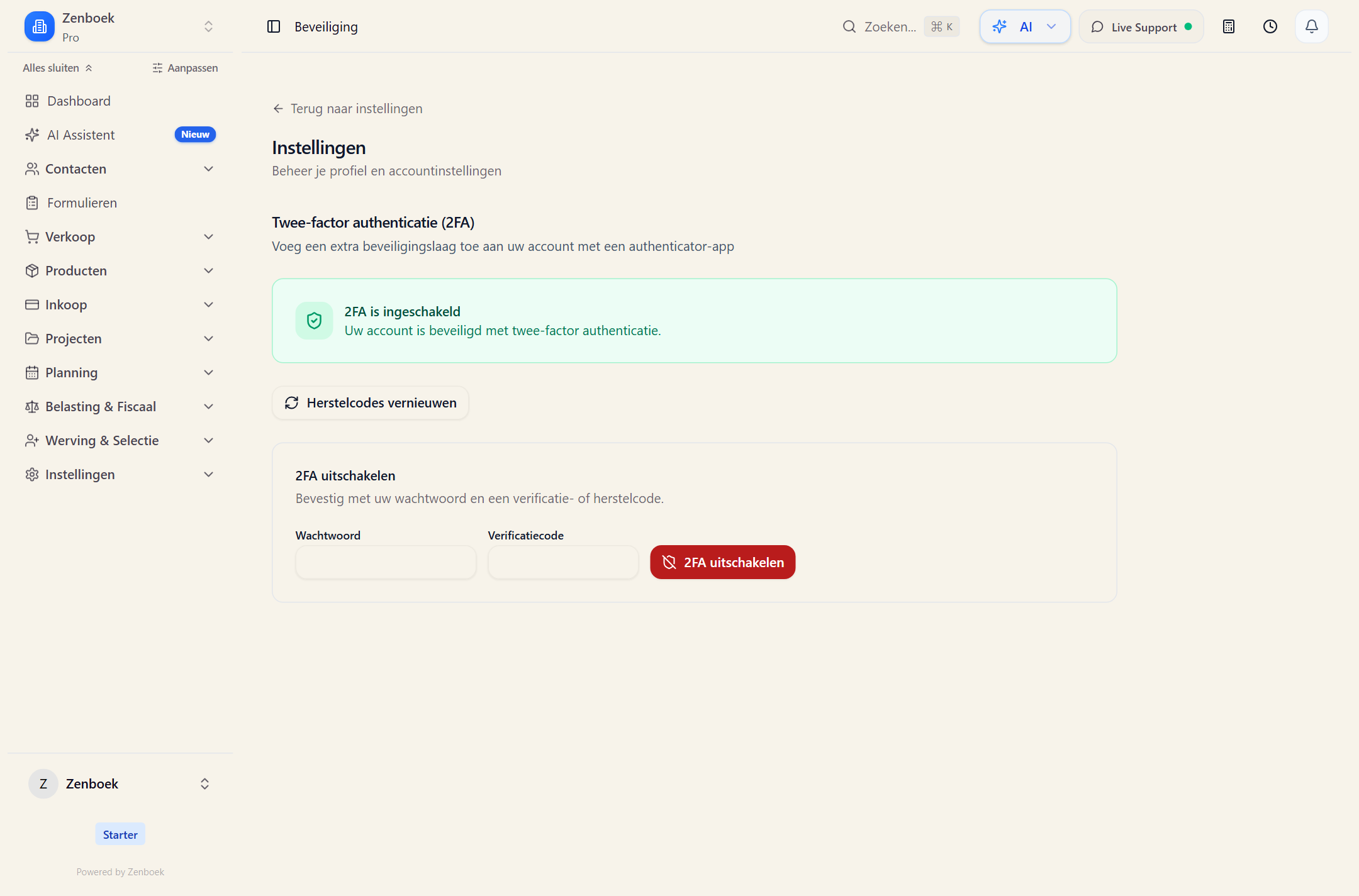 Het scherm voor Beveiliging & Privacy in Zenboek met fictieve demogegevens