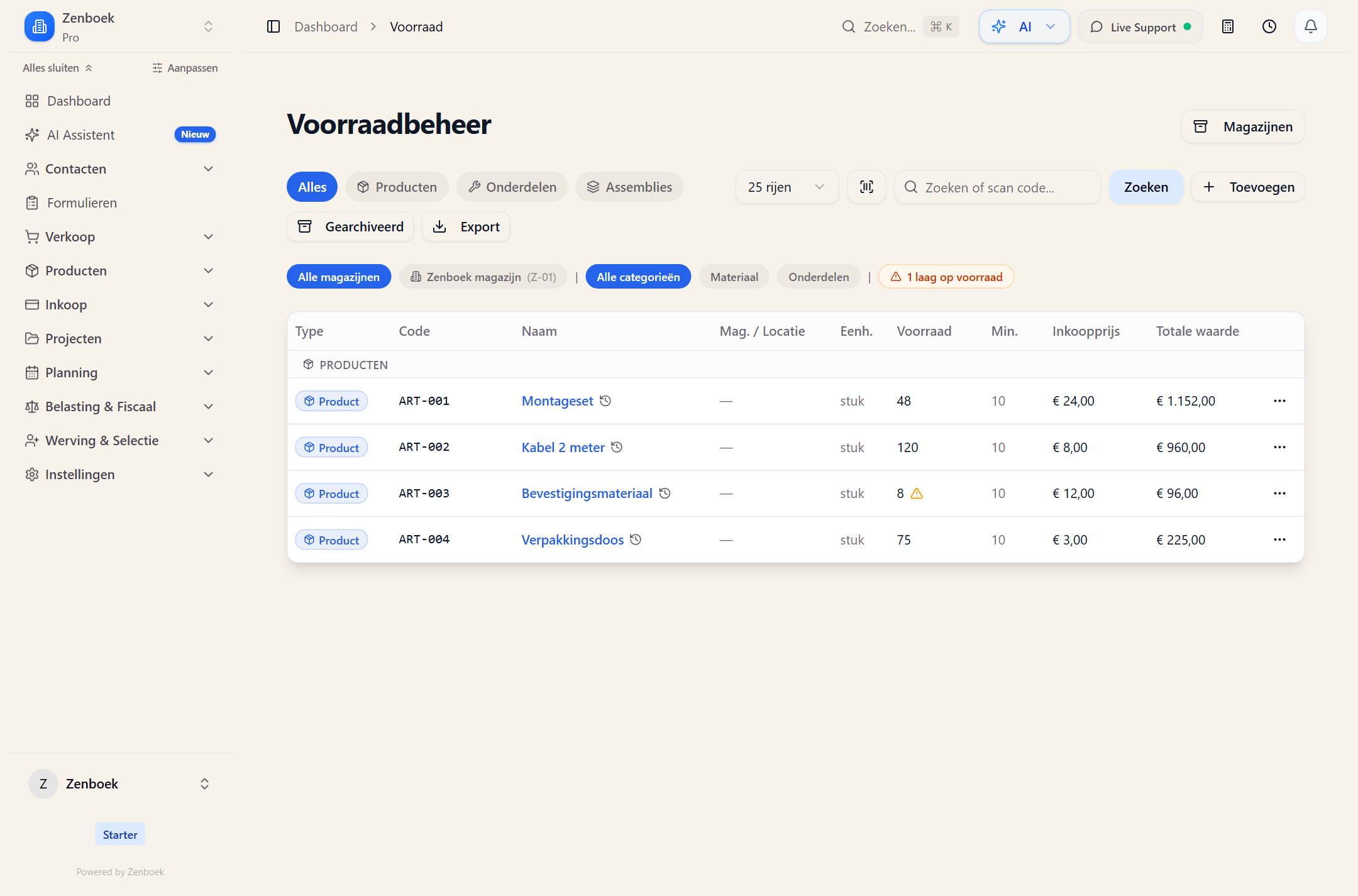 Voorbeeld van Voorraad, Onderdelen & Samenstellingen met demogegevens