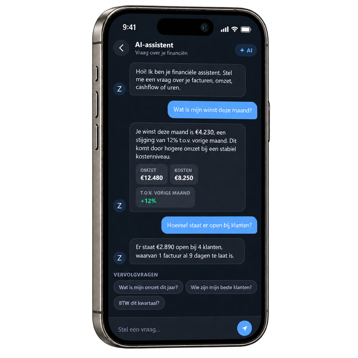 De AI-assistent in de Zenboek-app met demogegevens