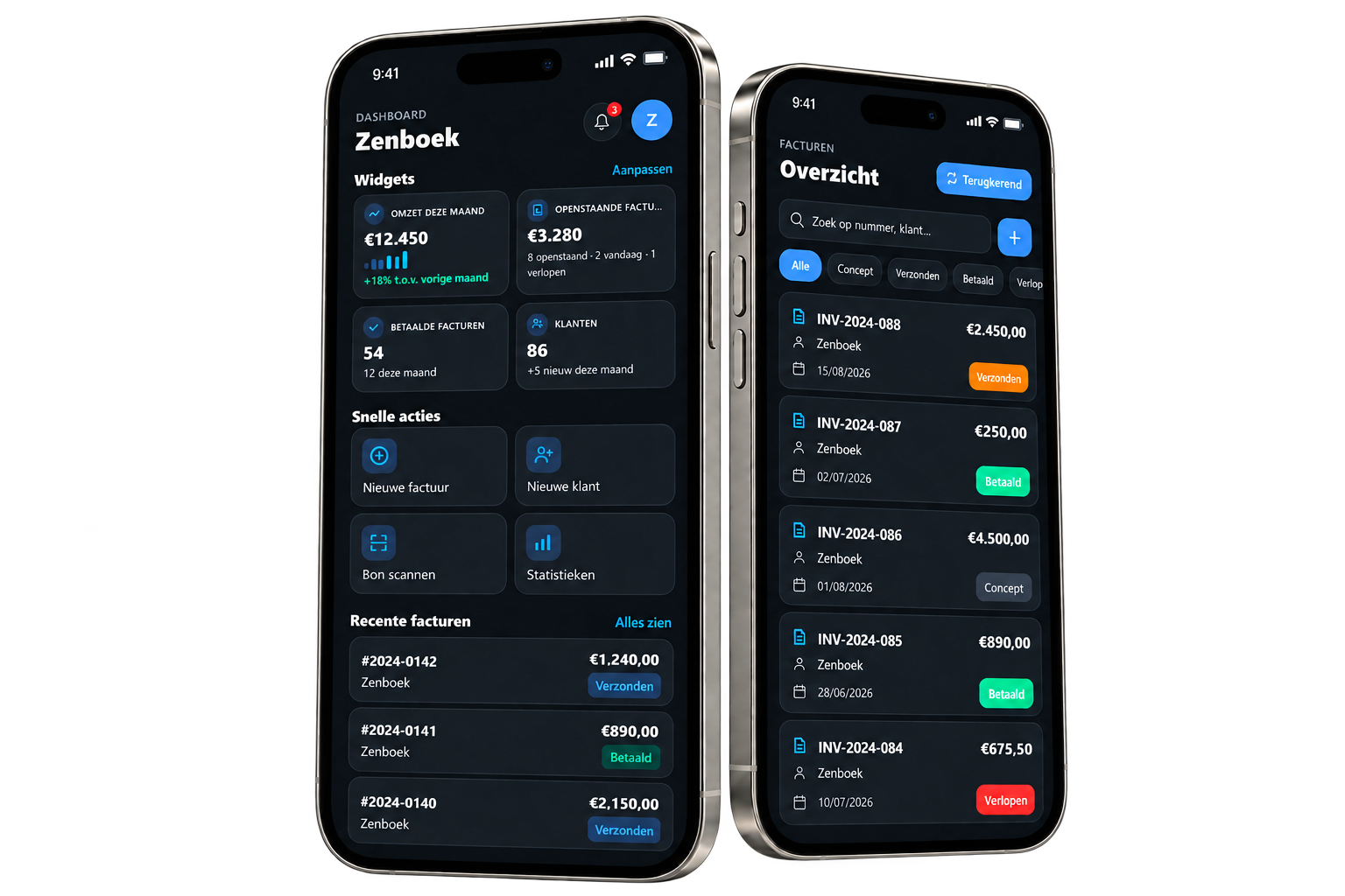 De Zenboek-app op twee iPhones met dashboard en facturen van het demobedrijf Zenboek
